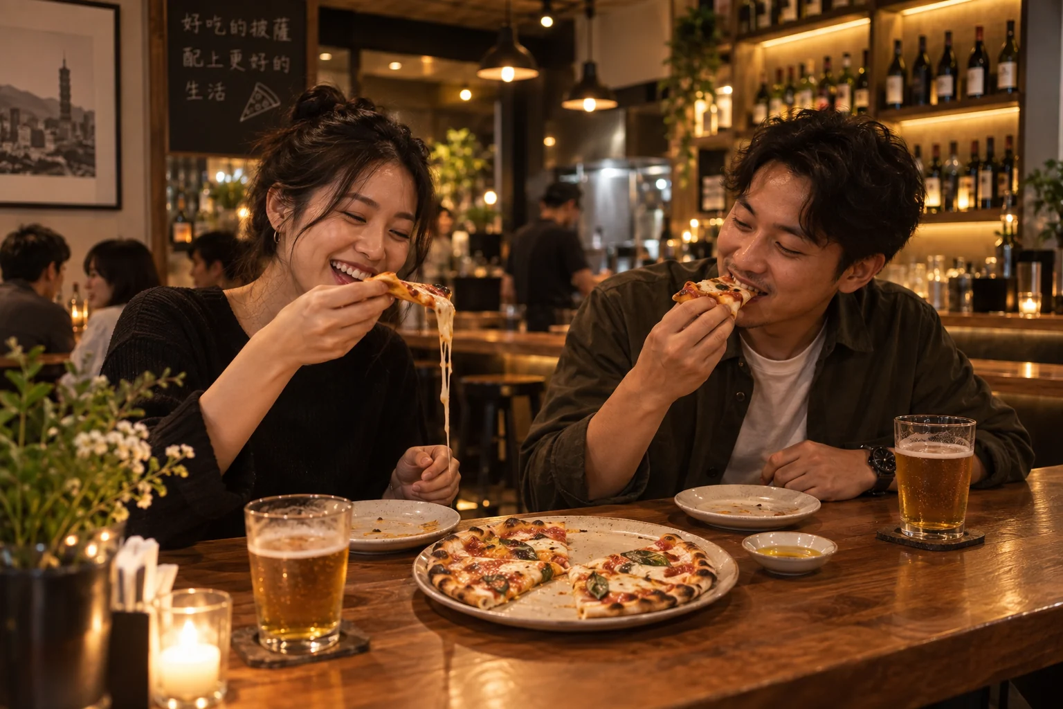 成人朋友在餐酒館分享披薩，呈現拿起披薩與起司牽絲