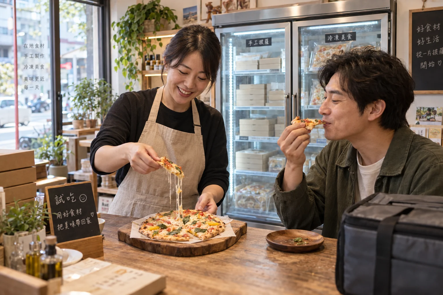 冷凍選物店主與顧客在試吃桌分享披薩與起司牽絲