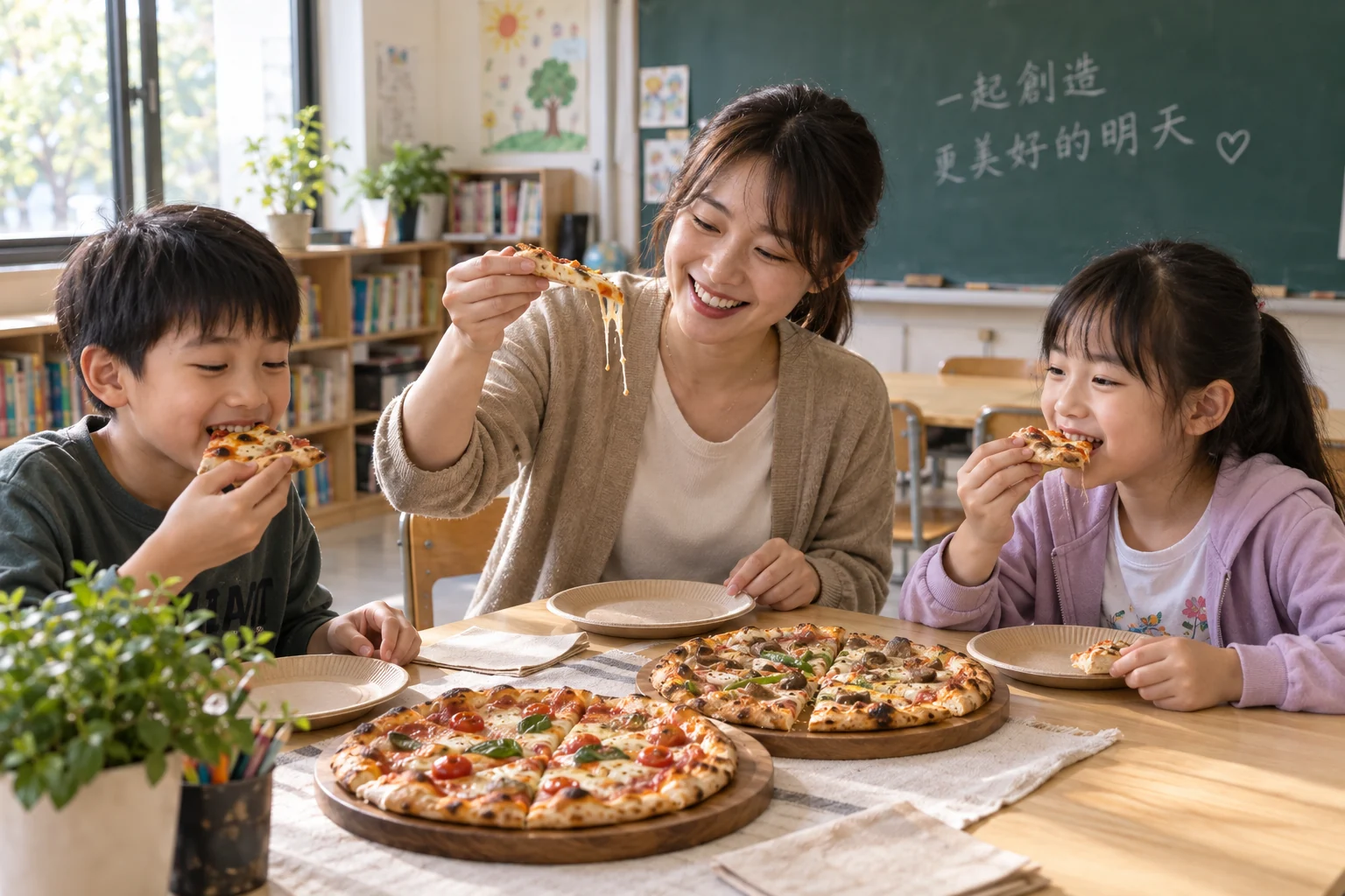 老師與孩子在校園活動桌邊分享披薩，拿起切片牽絲